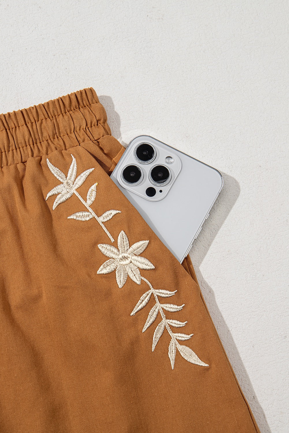 Floral Embroidered Shorts - Caramel Brown