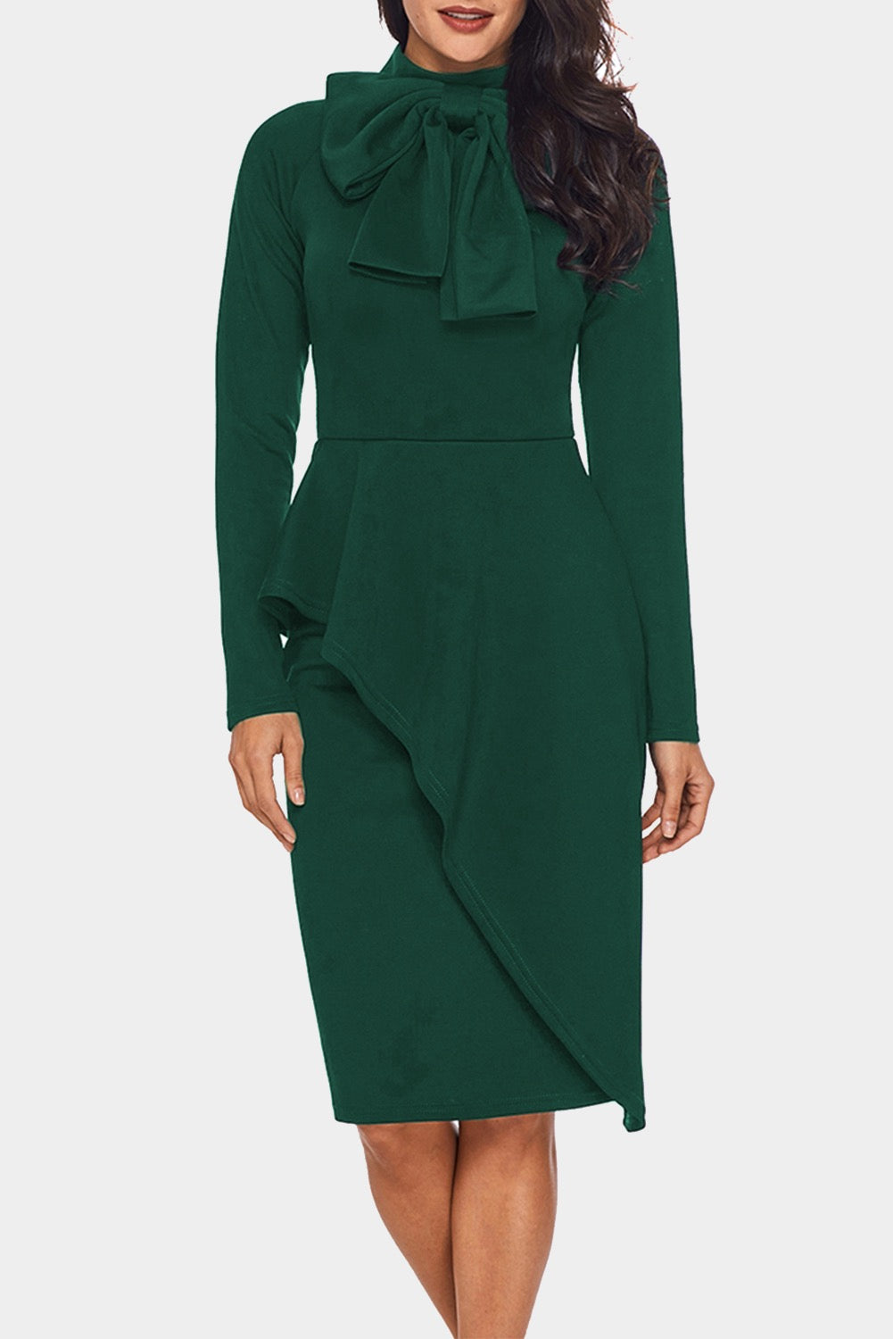 Asymmetric Peplum Bow Dress – Royal Green