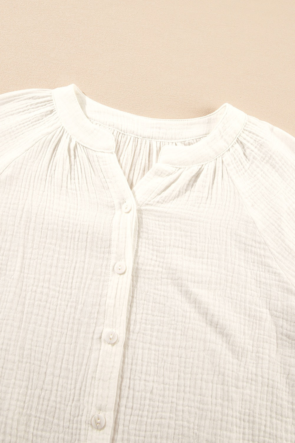 Woman wearing Embroidered Textured Button Front Crew Neck Blouse - White 