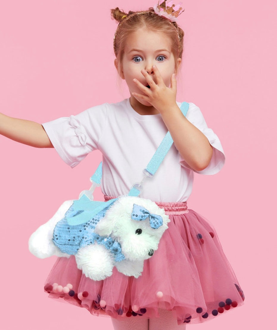 Sparkle Pup Crossbody Purse for Girls – Sequin Plush Dog Bag with Adjustable Strap(various colors)