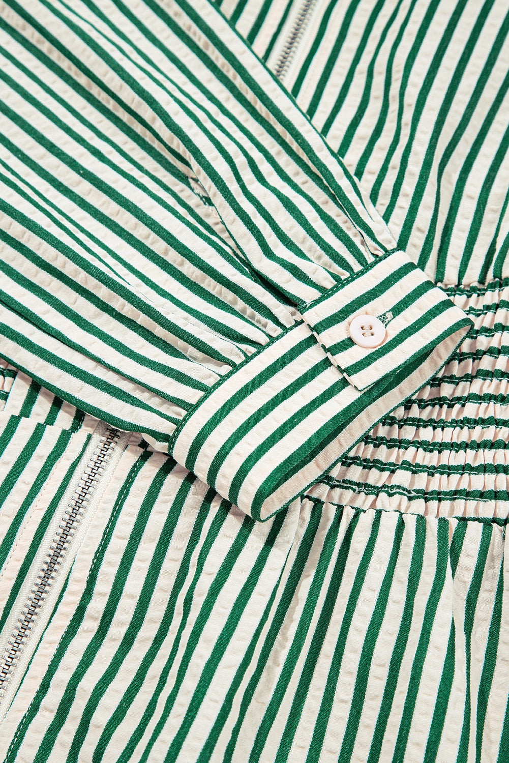 Green & White Striped Zip Front Midi Dress with Pockets | Women’s Long Sleeve Smocked Waist Dress