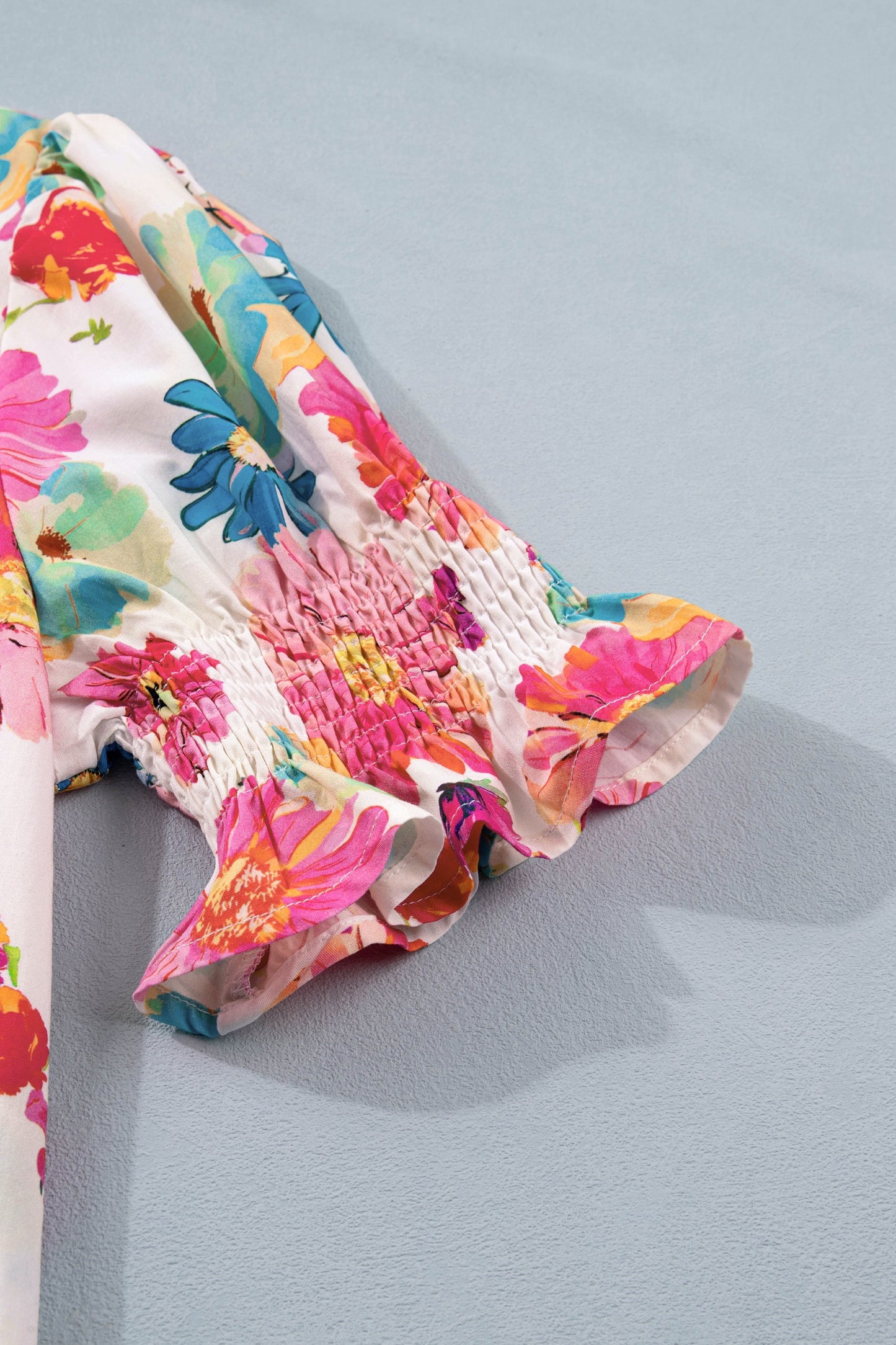 Floral Ruffle Sleeve Blouse for Women – Lightweight Smocked Sleeve Top, Feminine Tie Neck Spring Summer Top Casual Chic