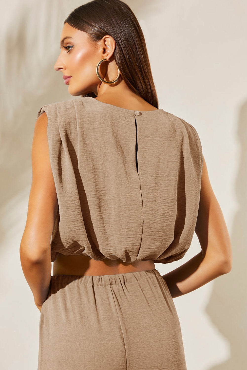 Taupe Sleeveless Two Piece Set for Women | Chic Wide Leg Pants & Cropped Top Outfit