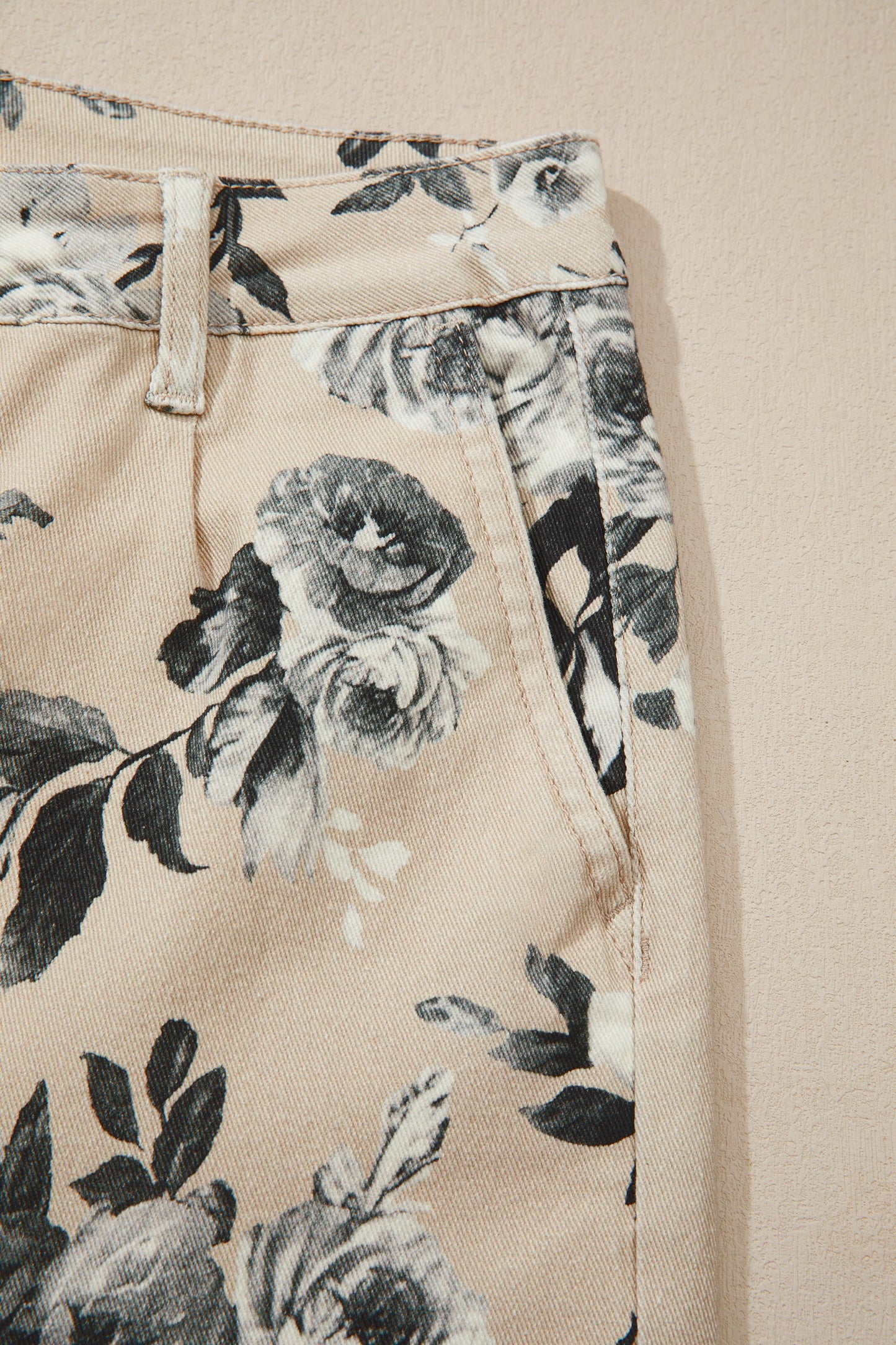 Vintage Bloom Beige Floral Wide Leg Denim Pants