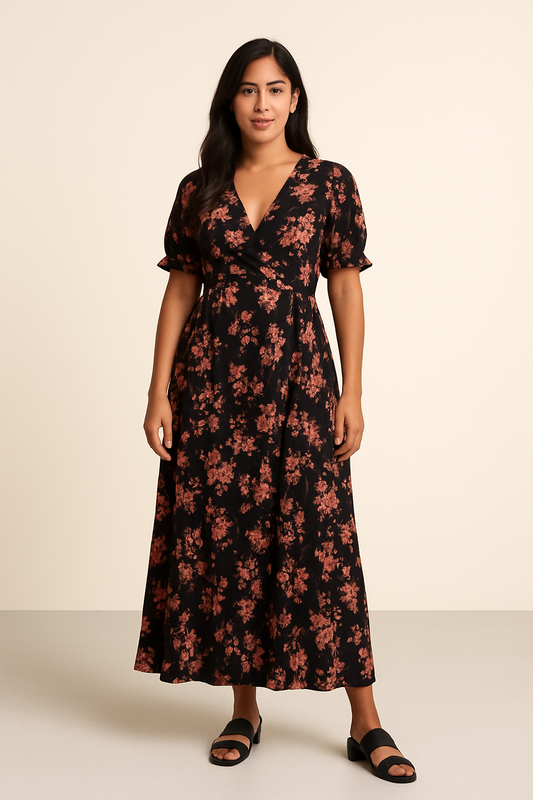 Floral V Maxi Dress – Black with Rust Blooms