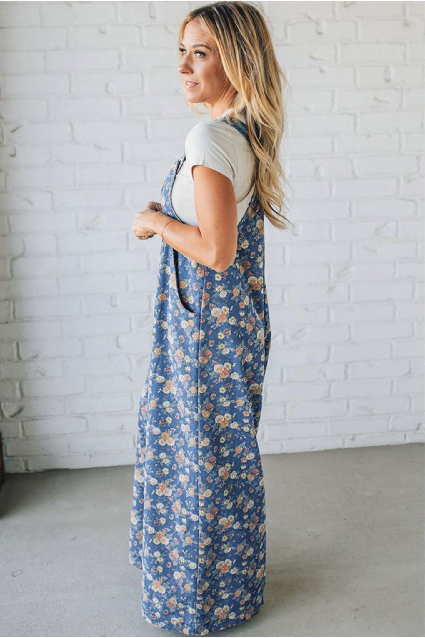 Vintage Rose Bloom Wide-Leg Floral Denim Jumpsuit Overalls for Women
