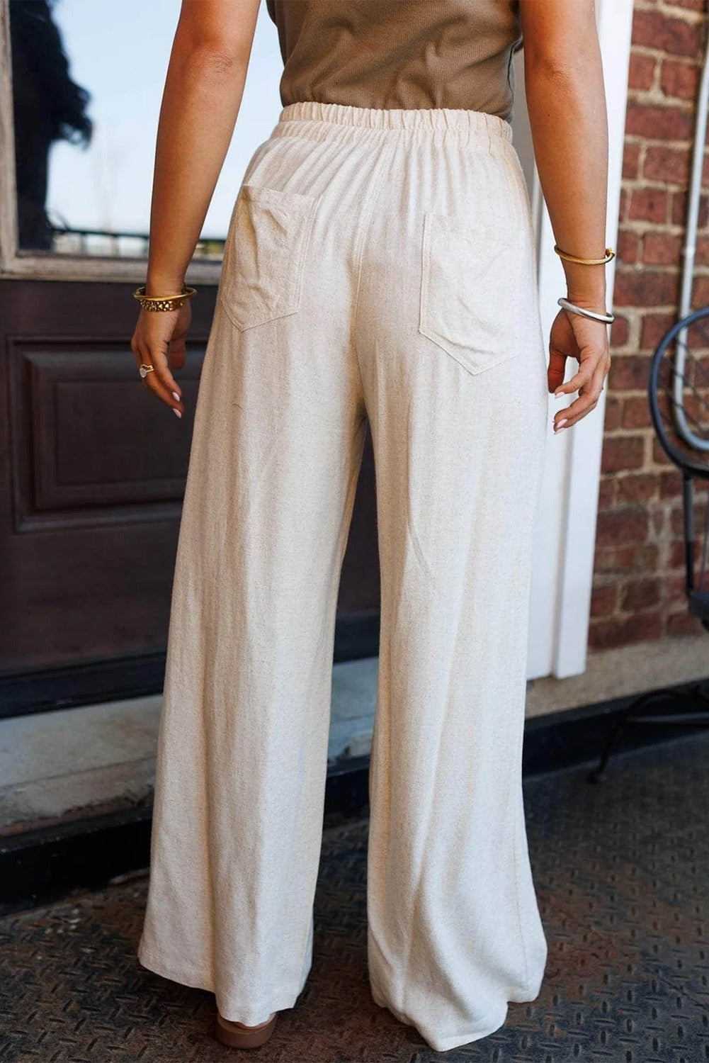 White Wide Leg Resort Style Pants for Women – Elastic Waist Drawstring Pants, Casual Flowy Comfort Pants