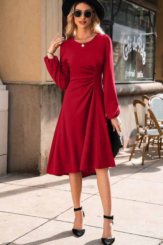 Elegant Cherry Red Ruched Midi Dress – Balloon Sleeve, Flattering Waist Detail