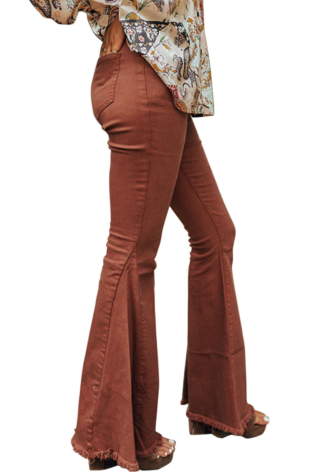 Raw Hem Wide Leg Jeans -Red Rust