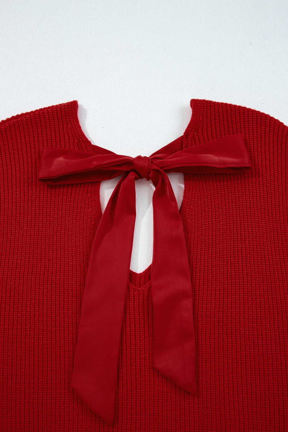 Red V-Neck Knit Sweater with Back Bow | Women’s Cozy Fall & Winter Sweater