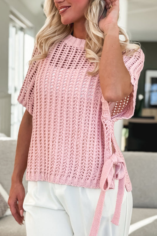 Crochet Side Tie Short Sleeve Top -Pink