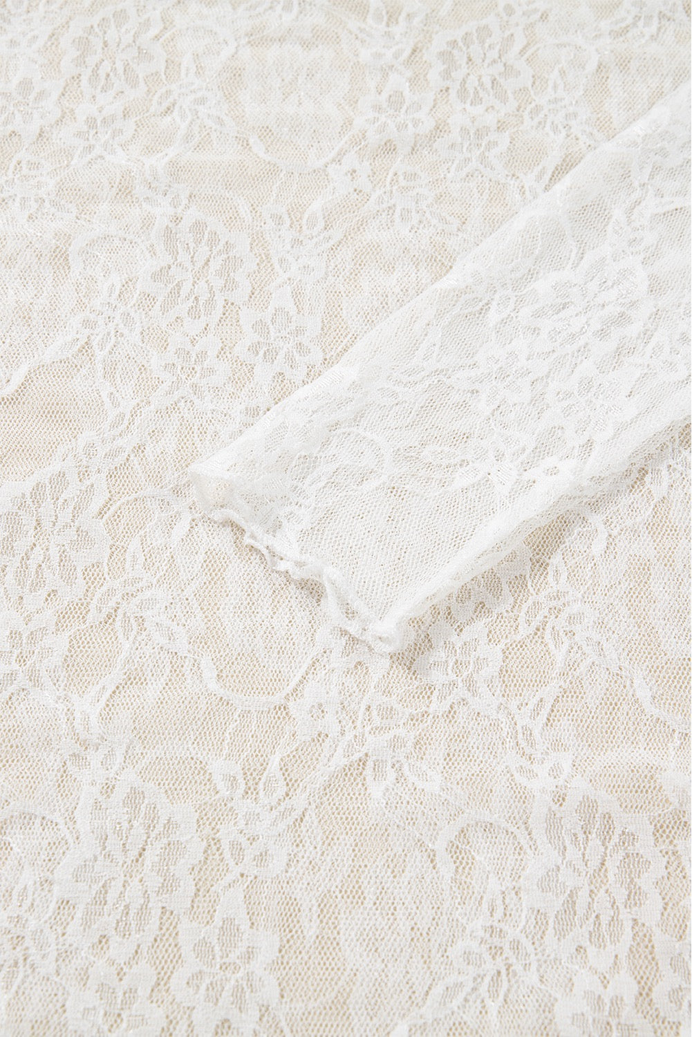 Elegant Sheer Lace Long Sleeve Top for Women – Romantic Fitted Layering Blouse in White