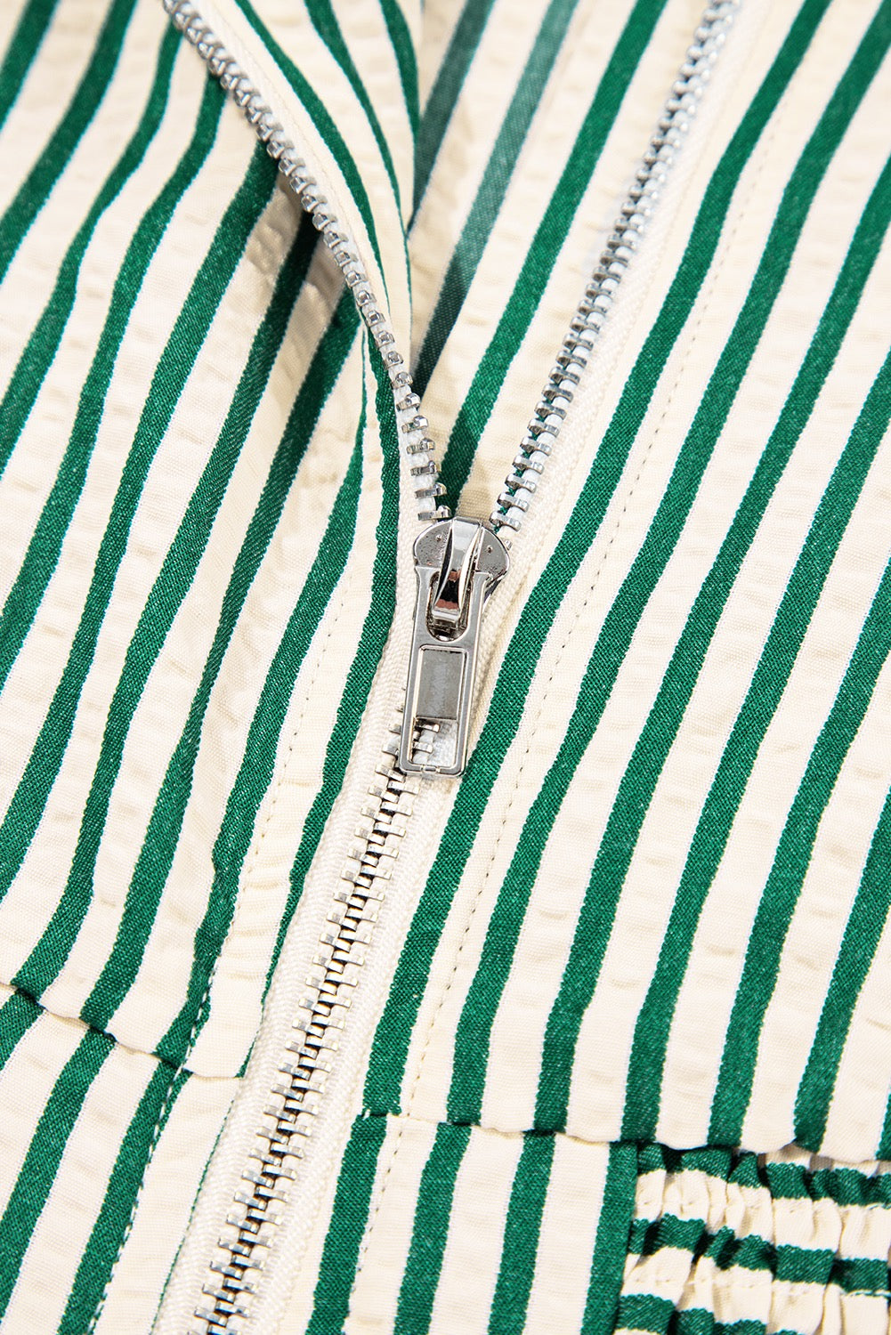 Green & White Striped Zip Front Midi Dress with Pockets | Women’s Long Sleeve Smocked Waist Dress