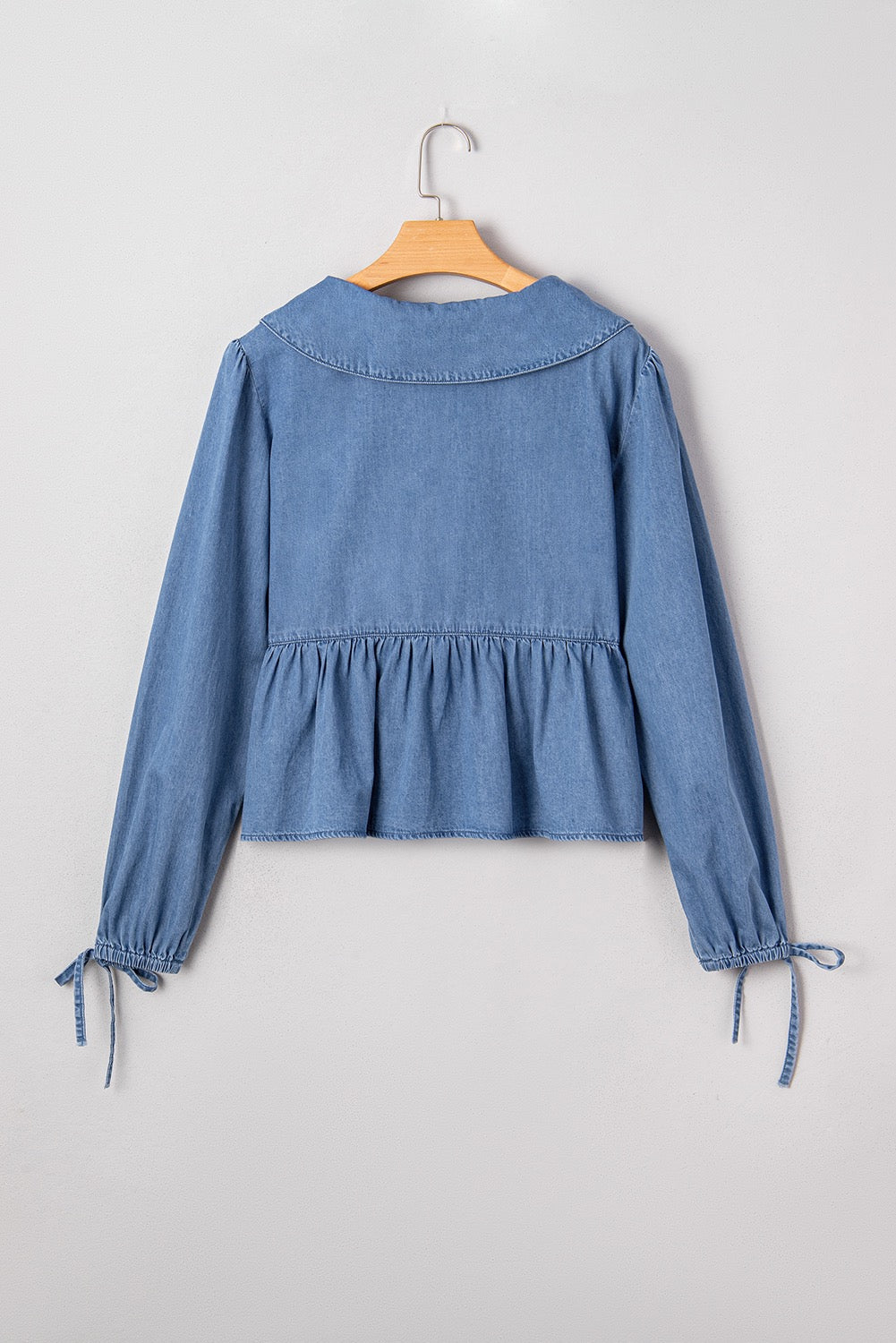 Women’s Chambray Tie-Front Peplum Blouse – Long Sleeve Denim-Top