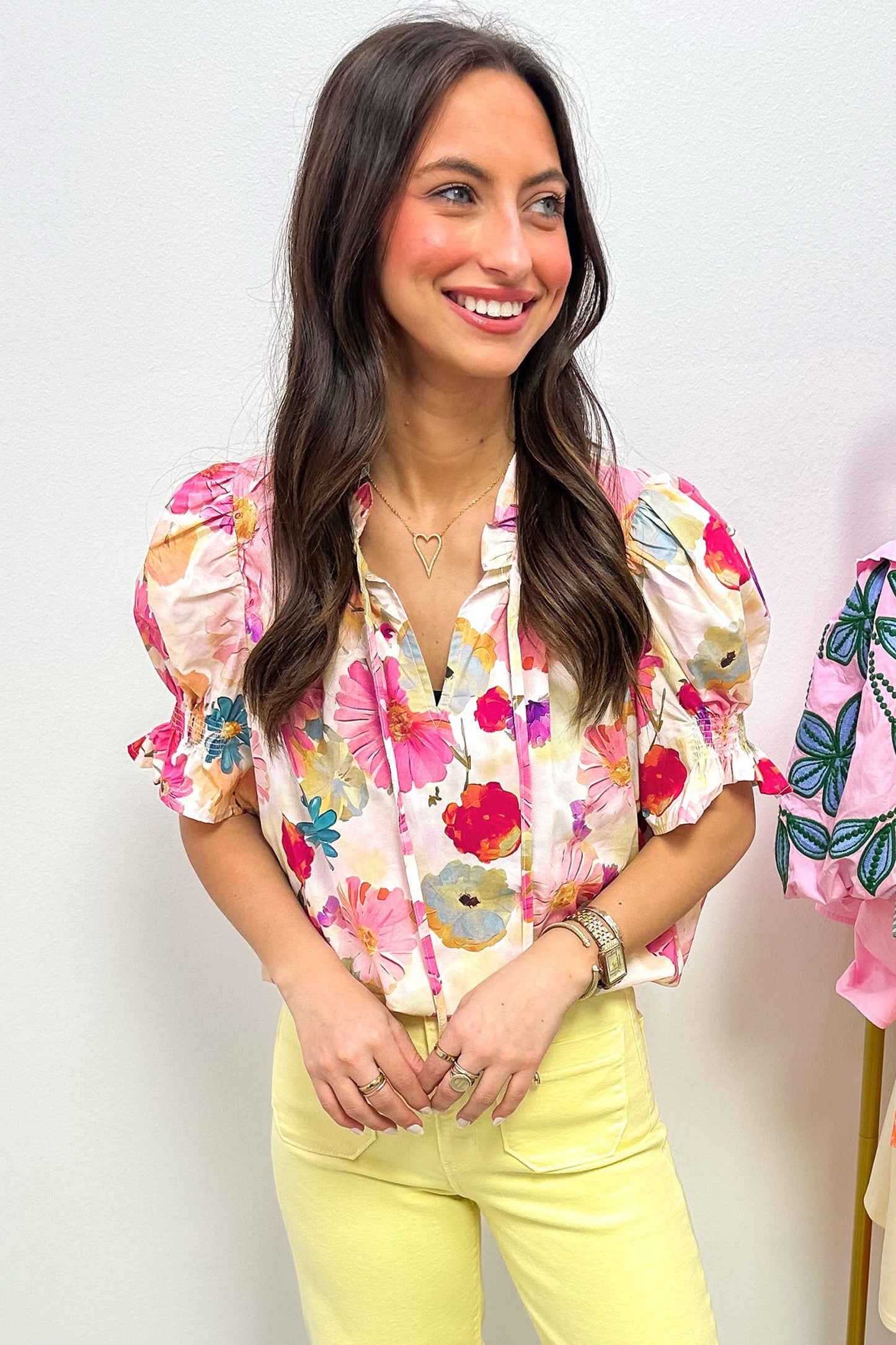 Floral Ruffle Sleeve Blouse for Women – Lightweight Smocked Sleeve Top, Feminine Tie Neck Spring Summer Top Casual Chic