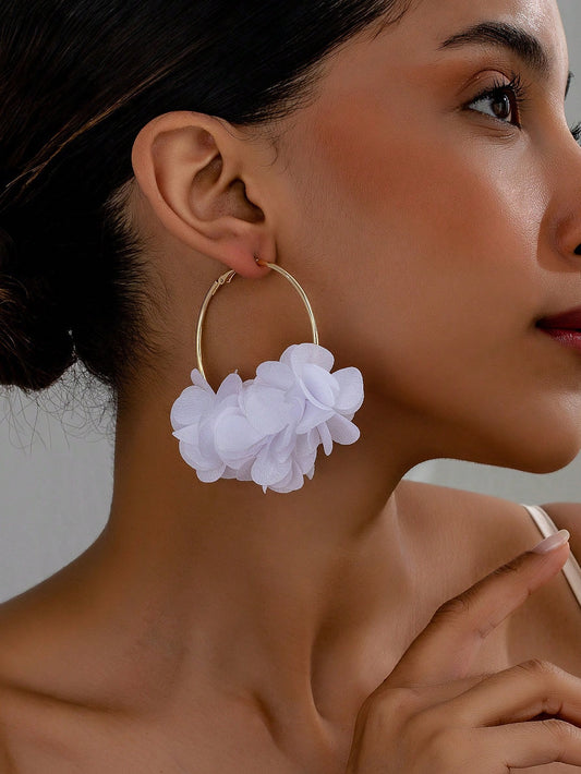 Floral Hoop Earring -White