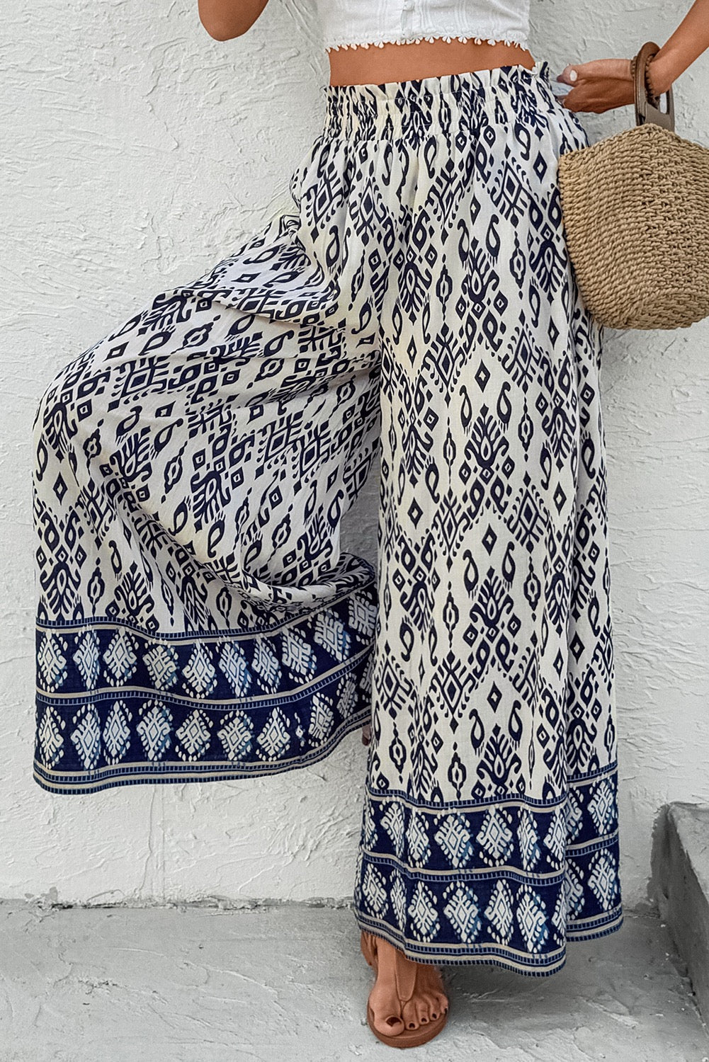 Boho Print Wide Leg Pants- Blue (Pre-Order)