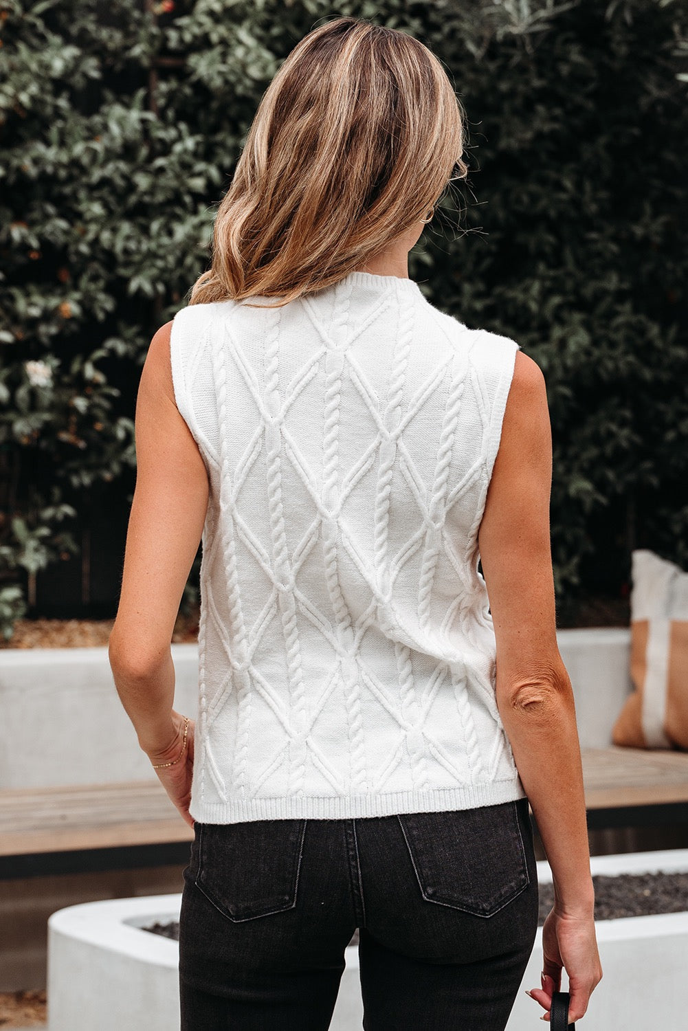 Pearl Embellished Textured Knit Sleeveless Top – White