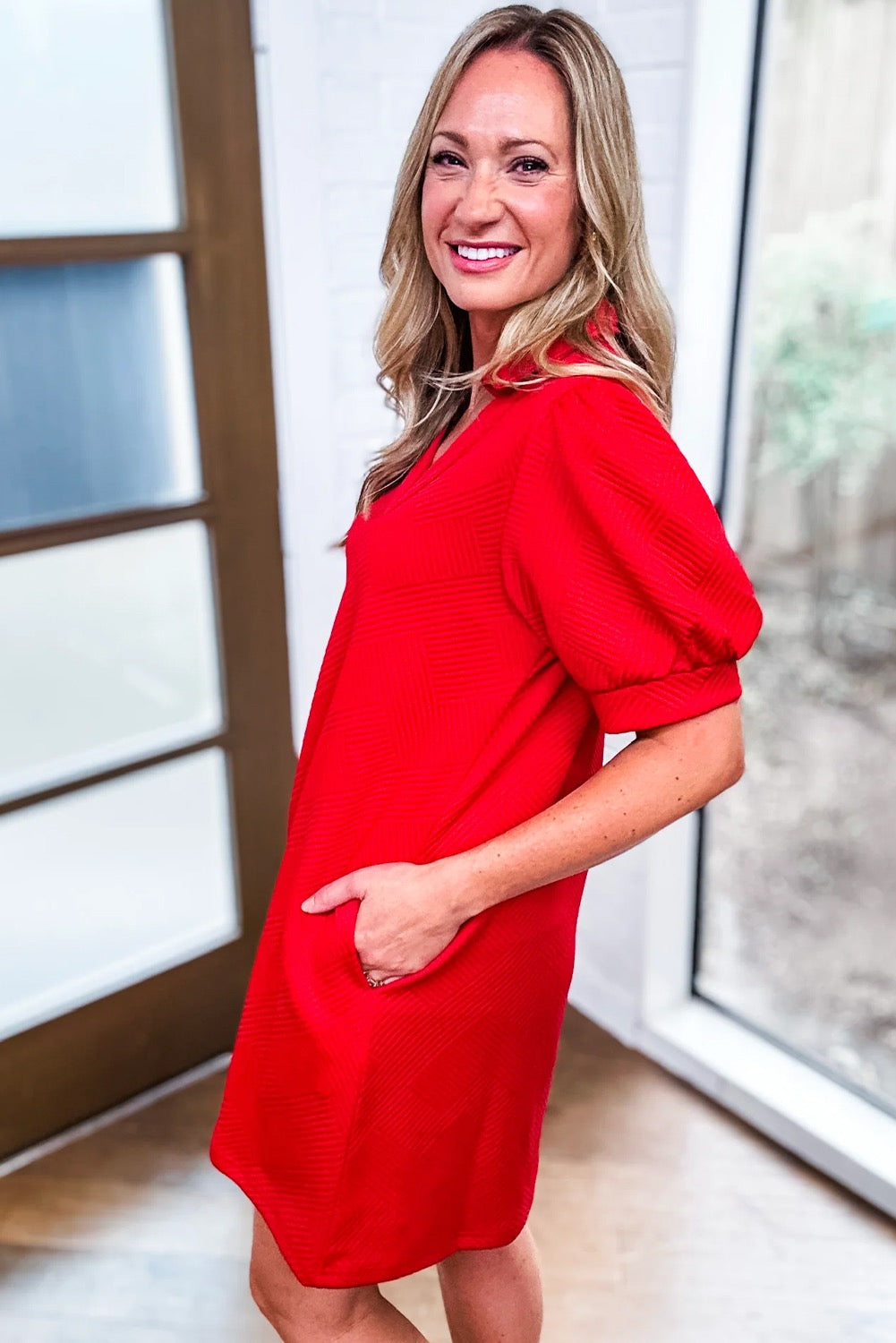 Textured Collared V- Neck Dress - Red (Pre-Order)
