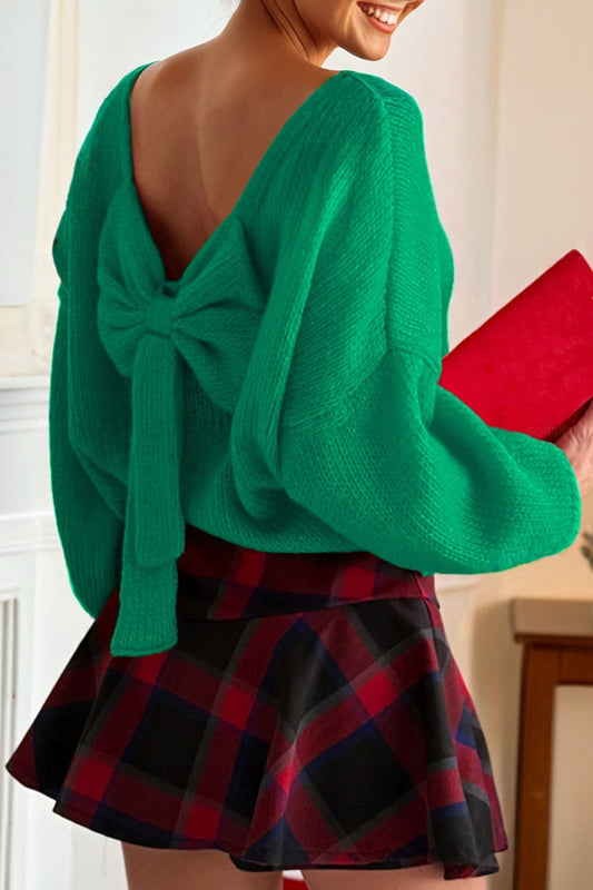 Emerald Elegance Dolman Sweater with Open-Back Bow Detail - Green
