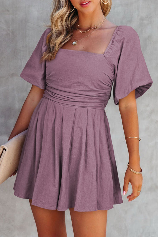 Mauve Puff Sleeve Mini Dress for Women – Smocked Back Flowy Fit & Flare Dress