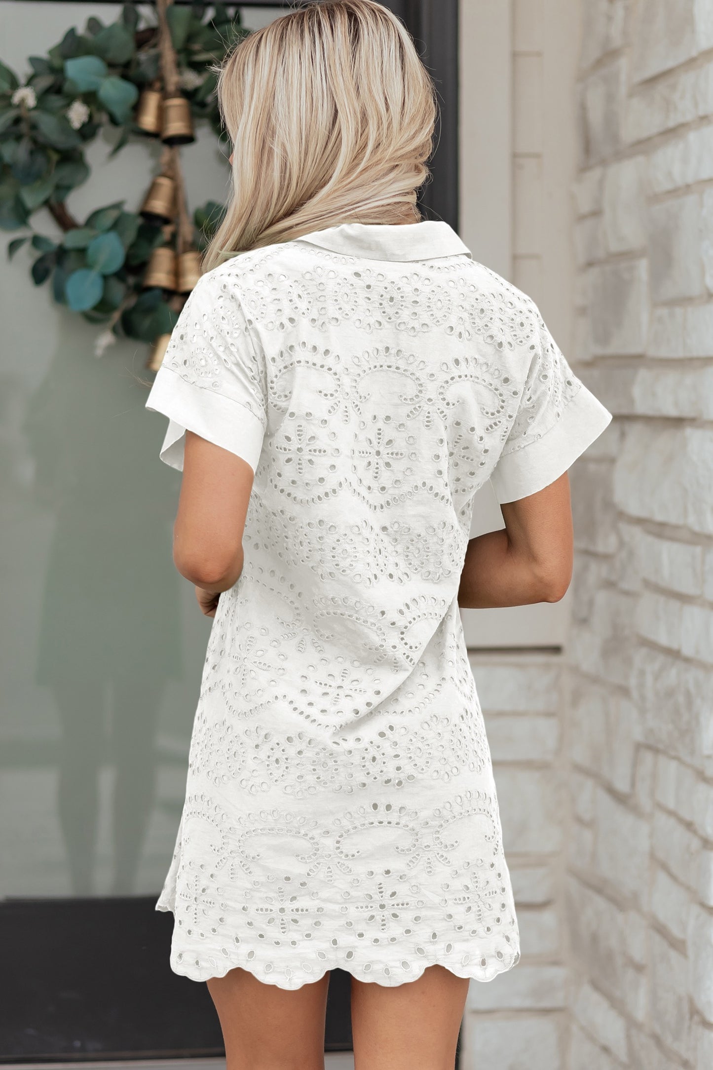 Timeless Elegance White Eyelet Collared Shift Dress