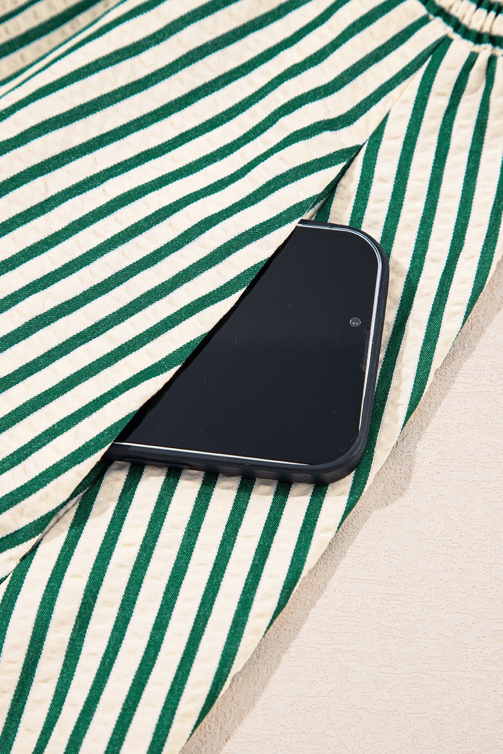 Green & White Striped Zip Front Midi Dress with Pockets | Women’s Long Sleeve Smocked Waist Dress