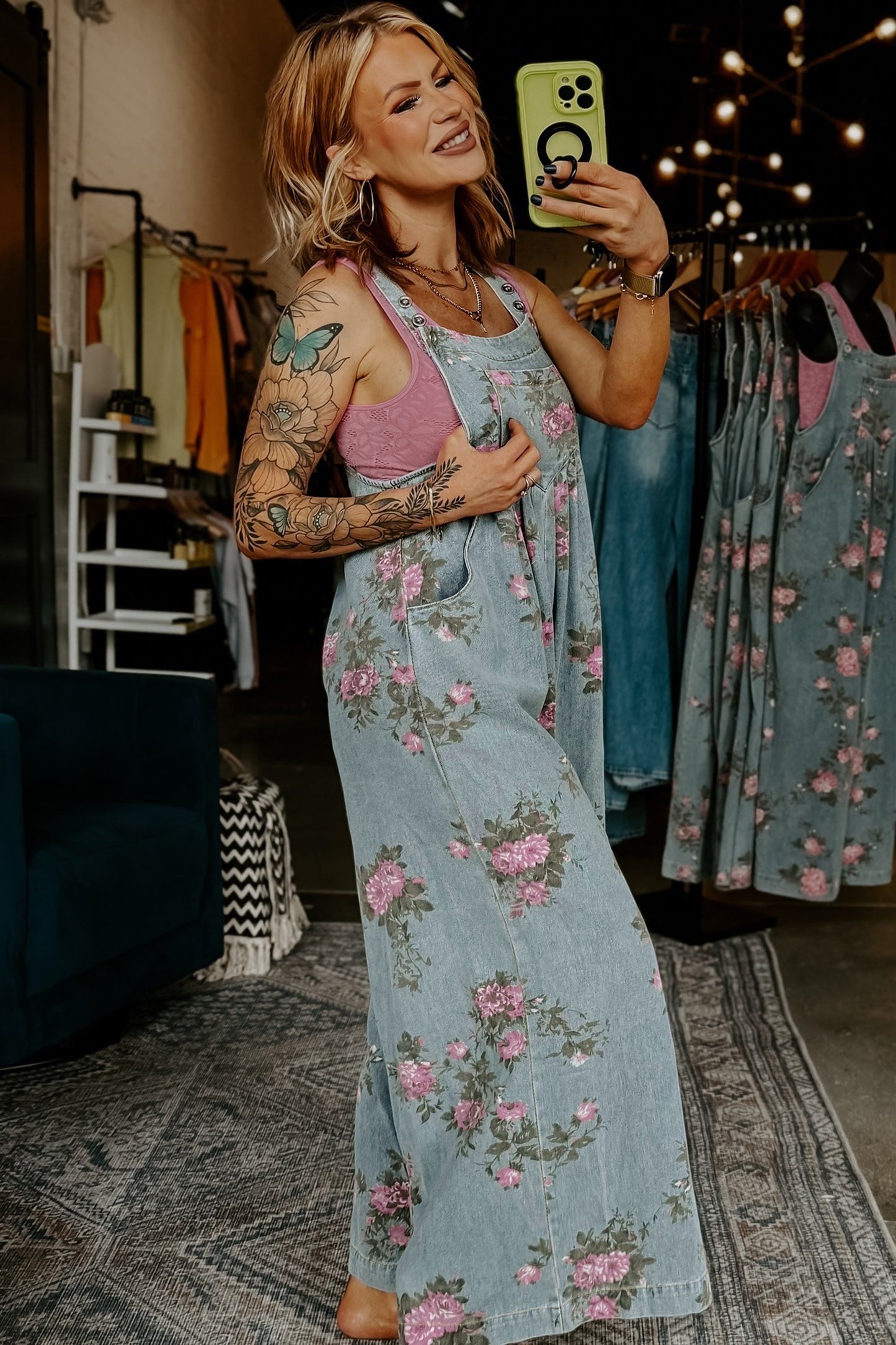 Floral Print Denim Overalls for Women | Wide-Leg Sleeveless Jumpsuit