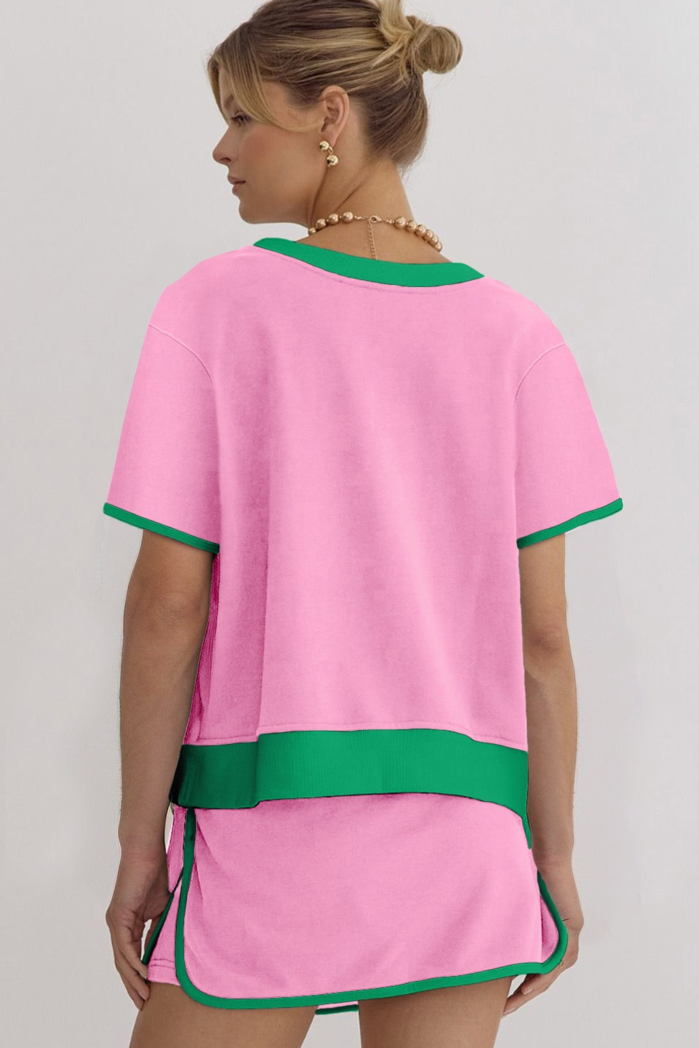 Two-Piece Color Block Skort Set -Pink Green Trim