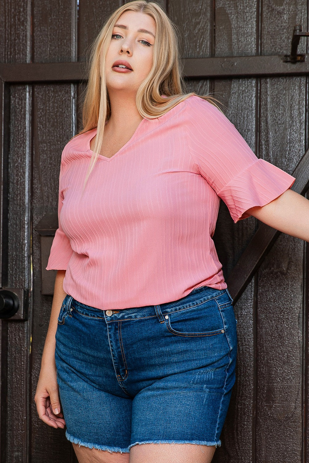 V-Neck Ruffle Sleeve Top- Mauve Pink