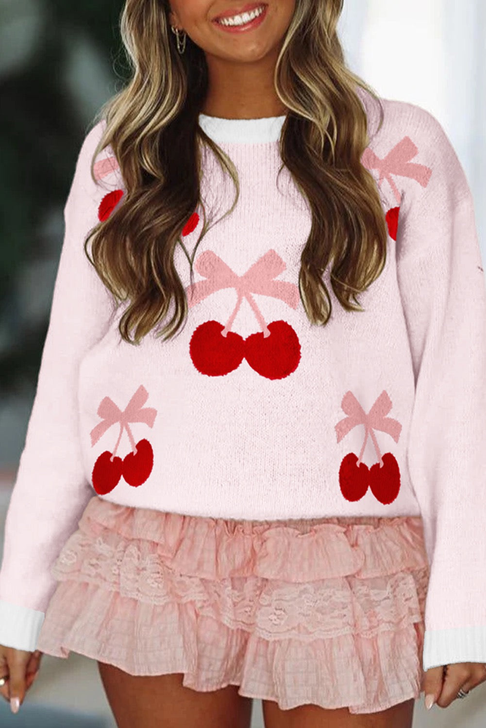 Sweet Cherry Blossom Knit Sweater – Soft Pink Cozy Pullover