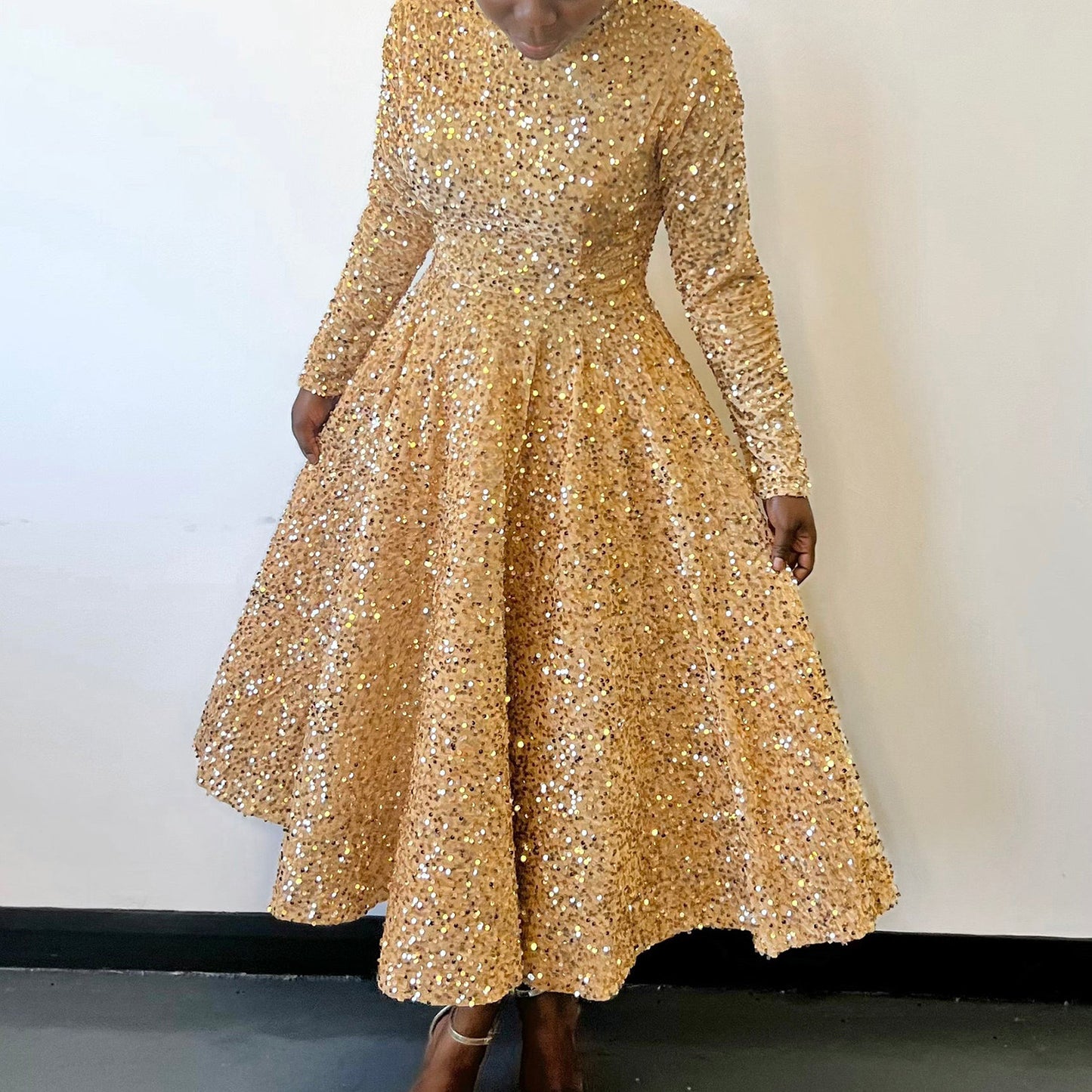 Golden Sequin Midi Dress – Long Sleeve Fit & Flare Statement Dress