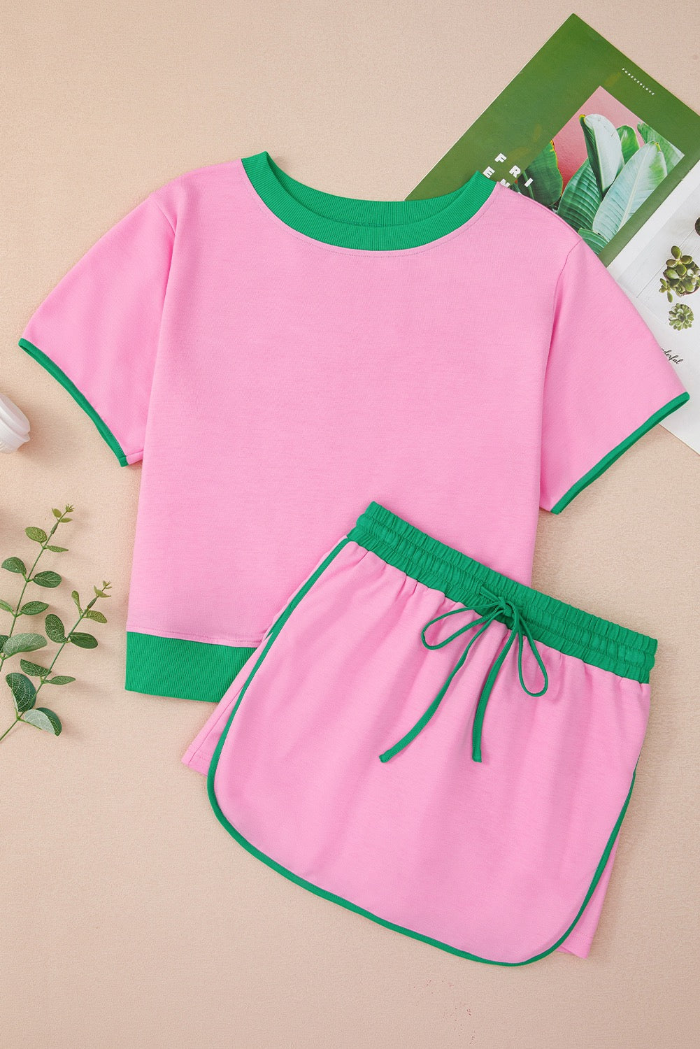 Two-Piece Color Block Skort Set -Pink Green Trim