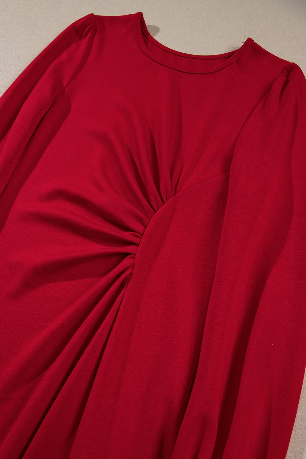 Elegant Cherry Red Ruched Midi Dress – Balloon Sleeve, Flattering Waist Detail