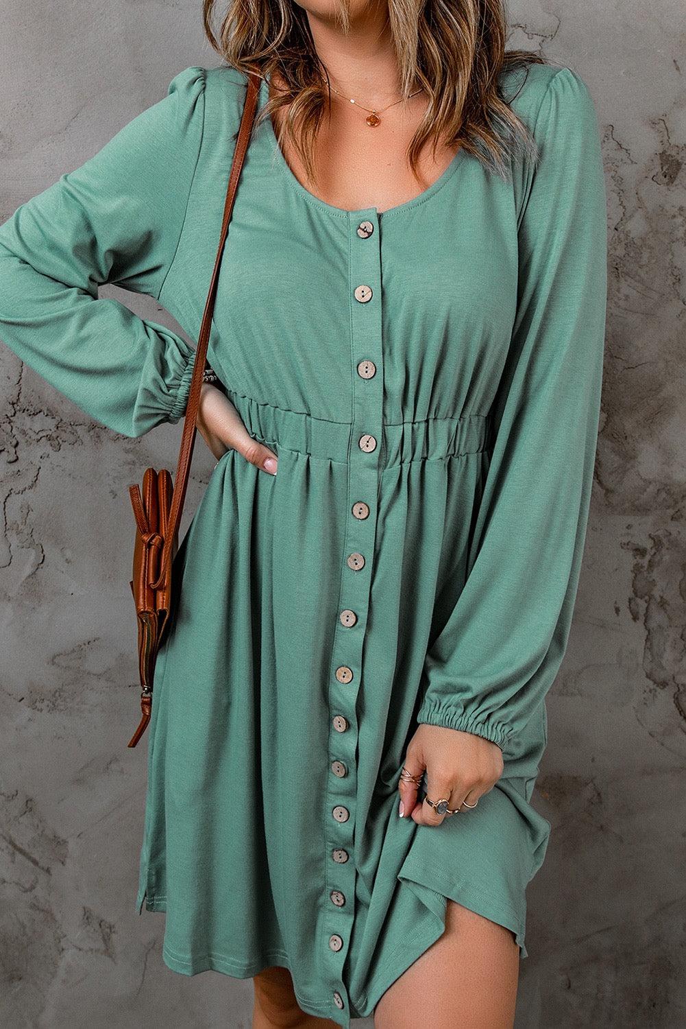 Sage Button-Front Long Sleeve Empire Waist Dress | Casual Chic Womens Dress S (4-6) Sage Button-Front Long Sleeve Empire Waist Dress | Casual Chic Womens Dress S (4-6)