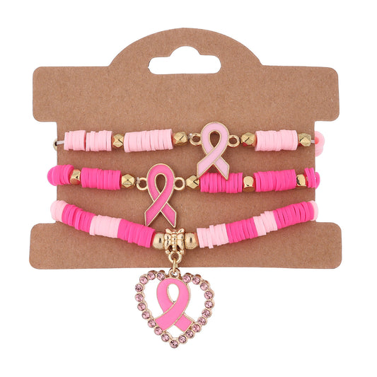 Pink Ribbon Awareness Bracelet Set – 3-Piece Beaded Stack with Gold Accents & Heart Charm