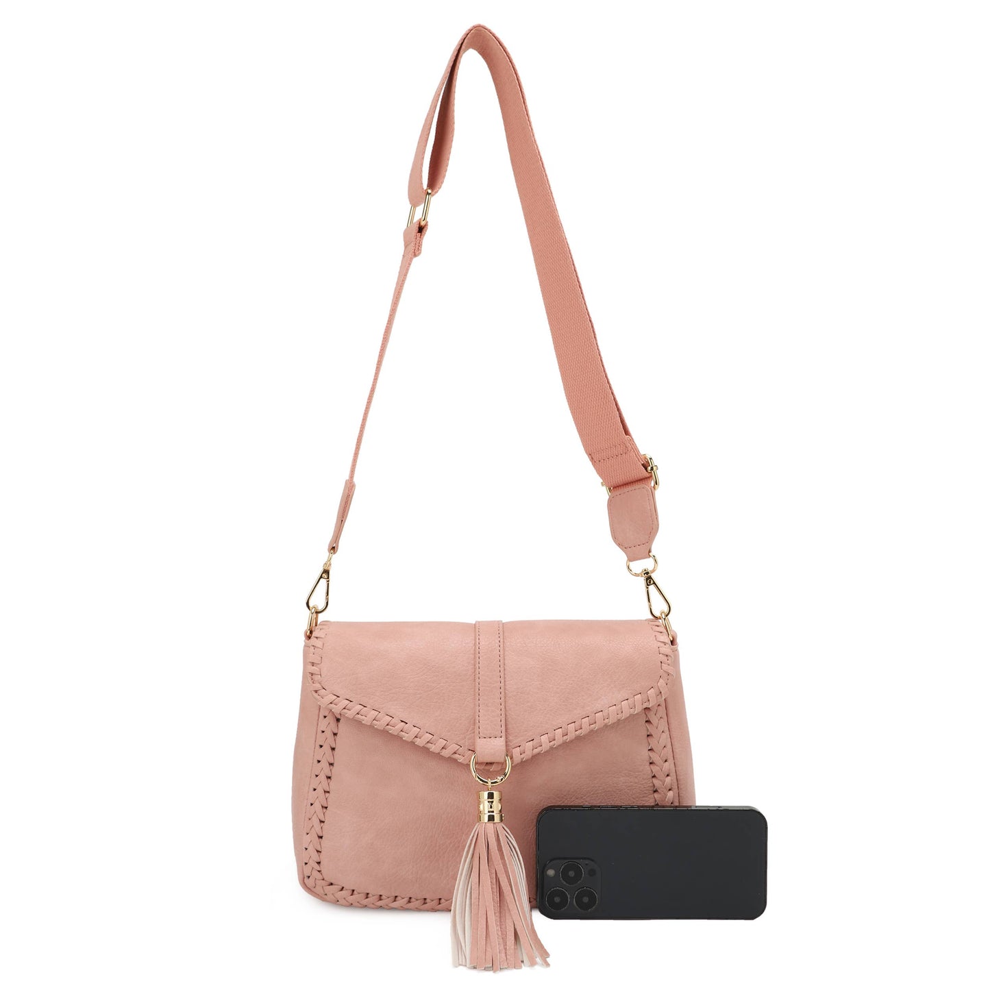 Blush Braided Trim Crossbody Bag with Tassel – Adjustable Strap Shoulder Purse for Women