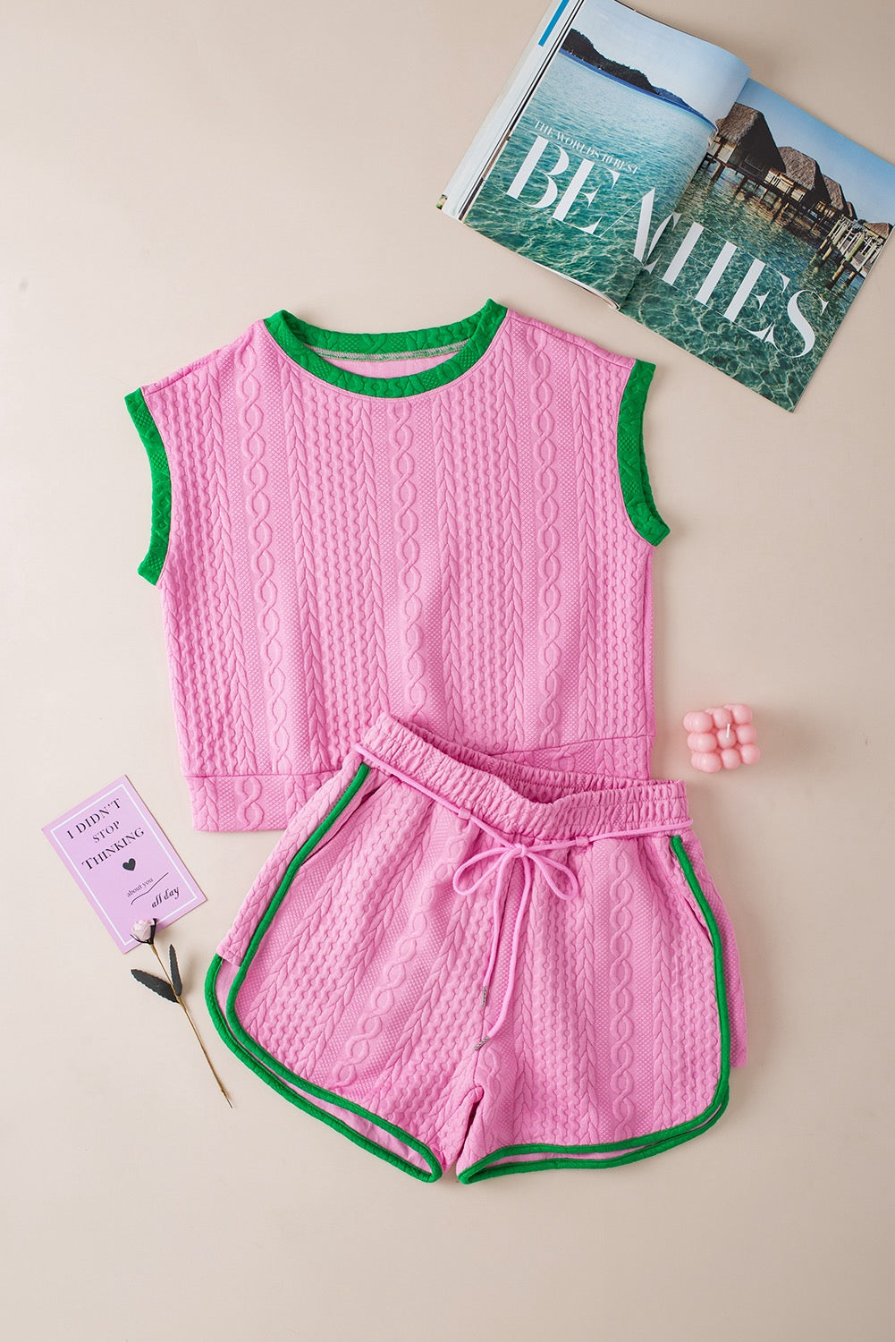 Cable Two-Piece Top & Shorts Set - Pink & Green