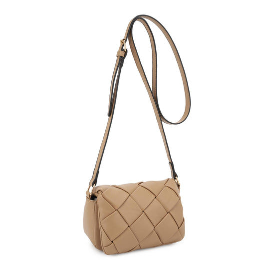 Emily Mini Trendy Woven Crossbody Bag for Women – Quilted Vegan Leather Shoulder Purse in Khaki