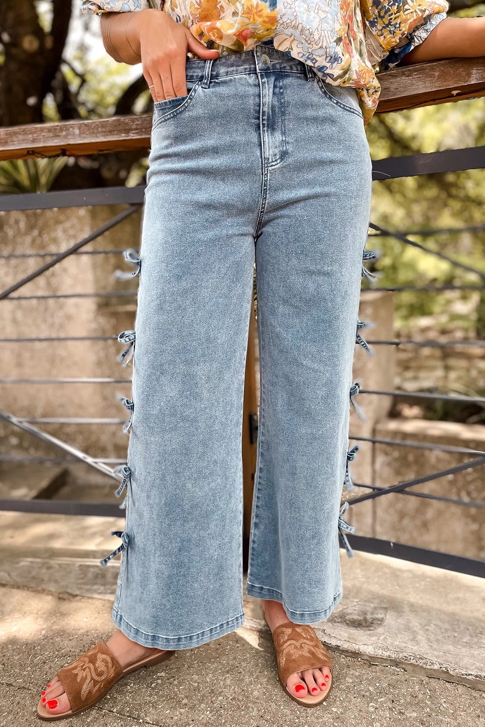 Denim Bow-Detail Wide-Leg Jeans