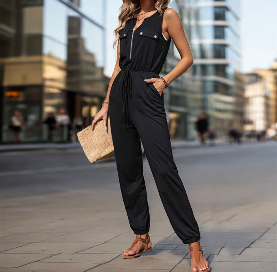 Utility Style Pocket Zipper Jumpsuit - Black