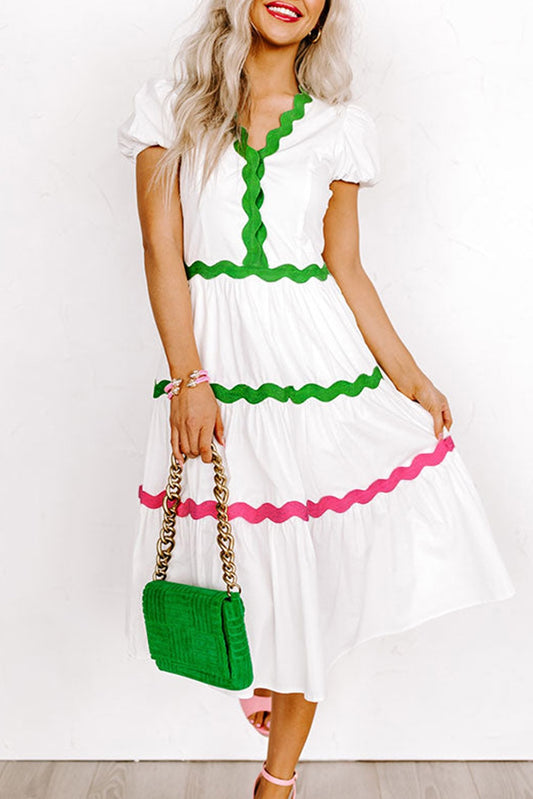 Wavy Trim Tiered Dress - Green & Pink