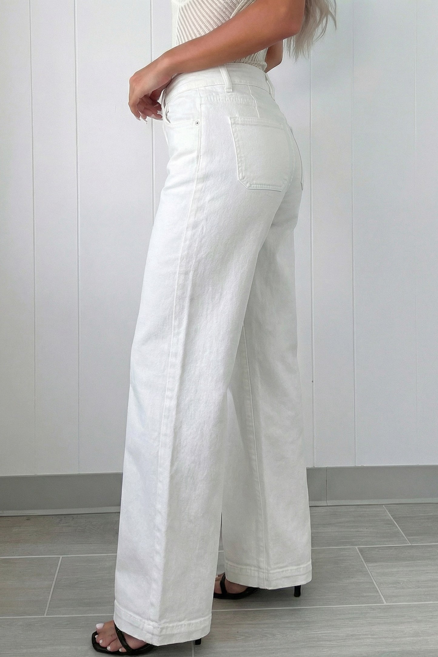 Women’s High Rise White Wide Leg Jeans with Double Button Waist | Stretch Denim Palazzo Pants for Women