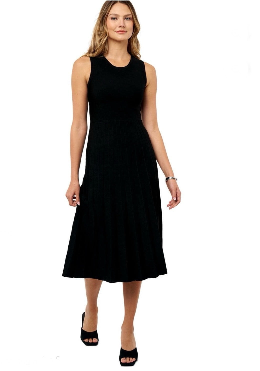 Classic Black Sleeveless Ribbed Knit Midi Dress – Fit & Flare Pleated Hem