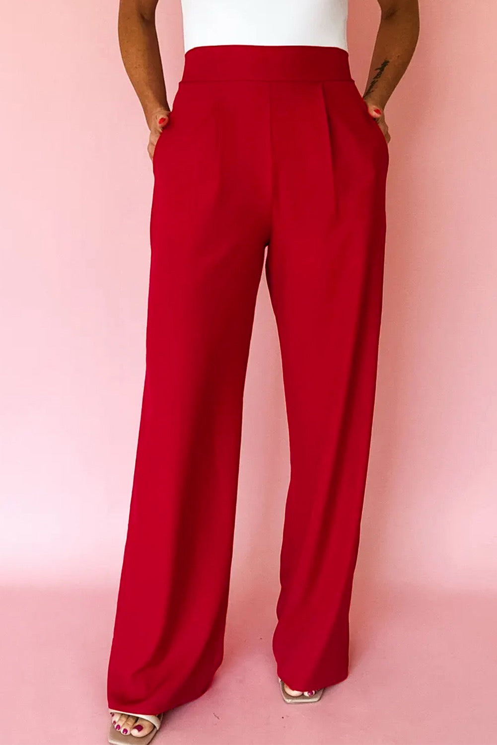 High-Waisted Pleated Wide-Leg Trousers – Classic Red Dress Pants