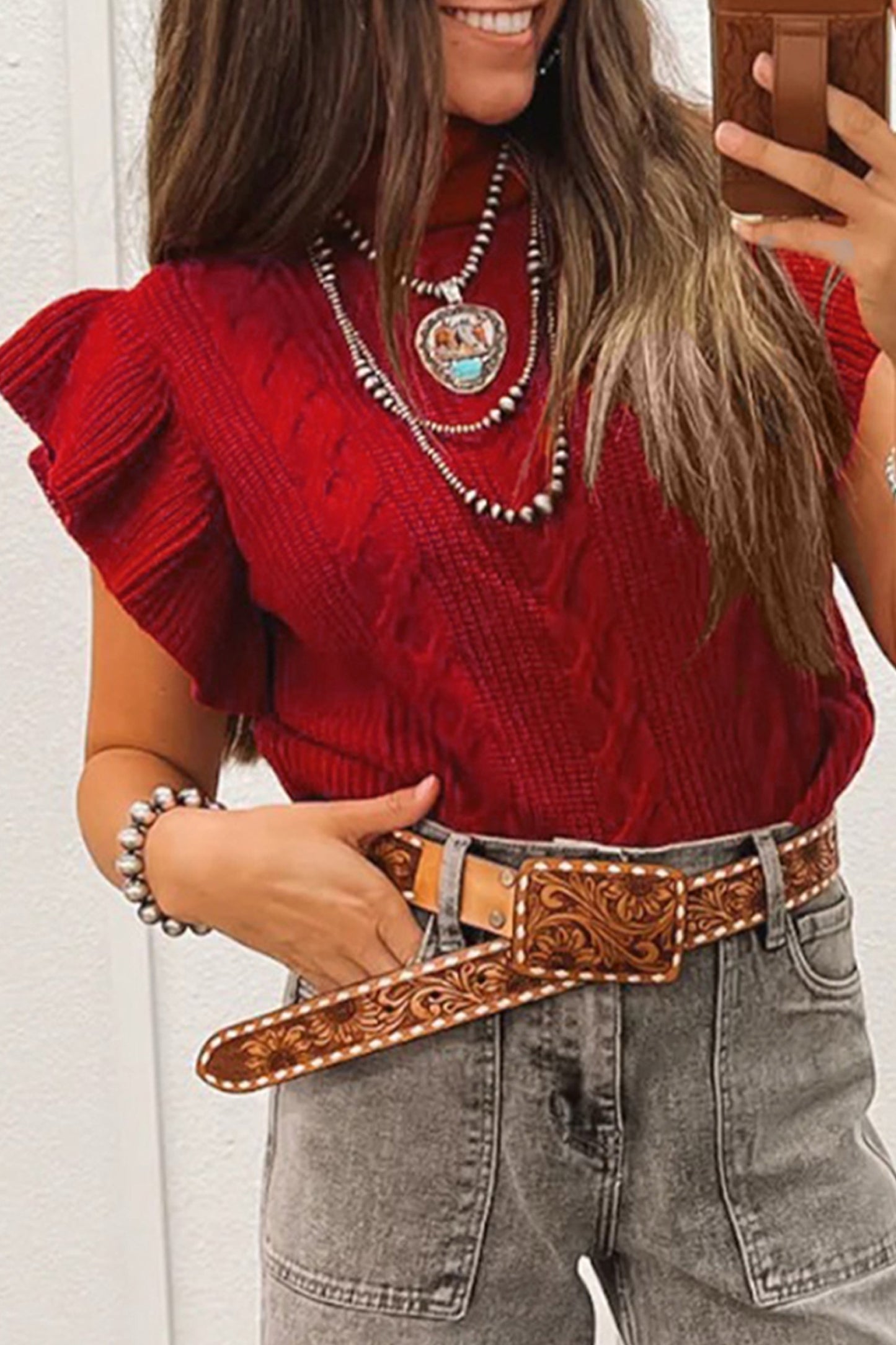 Red Cable Knit Textured Ruffle Sleeve Knit Top – Inspired Statement Sweater