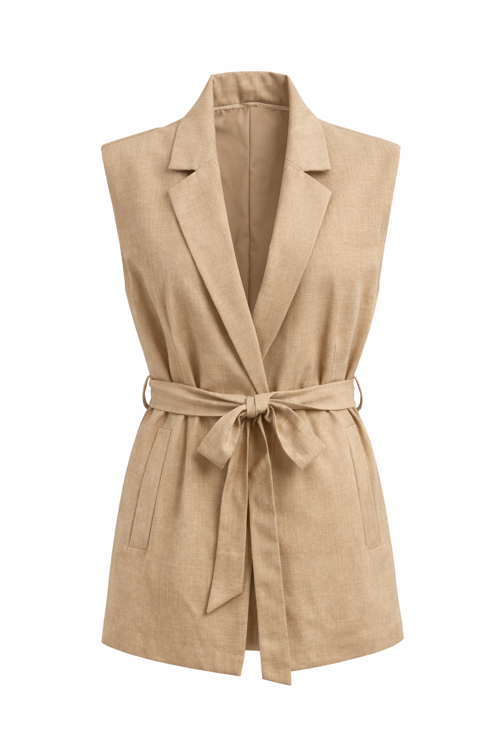 Camel Tailored Wide Leg Pant & Sleeveless Belted Blazer Set – Linen-Look Structured Suit