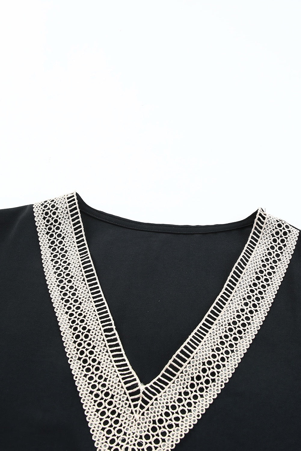 Elegant Lace Trim V-Neck Blouse – Black Short Sleeve Dressy Casual Top