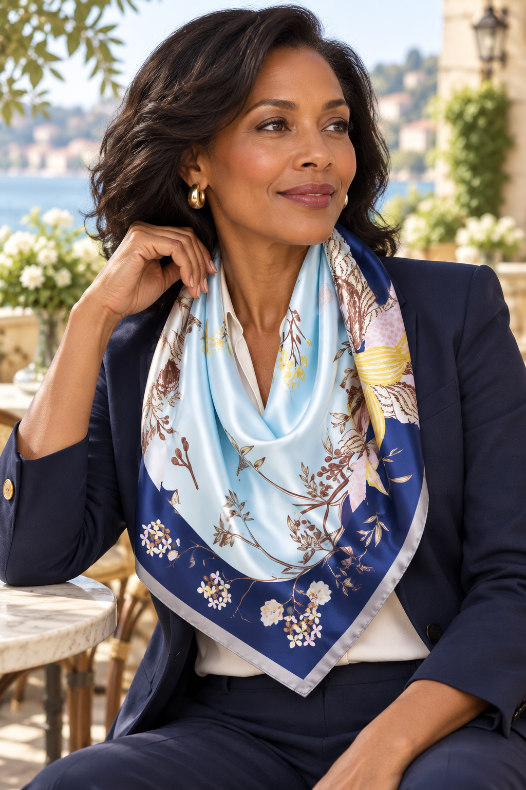 Blue Floral Satin Square Scarf for Women