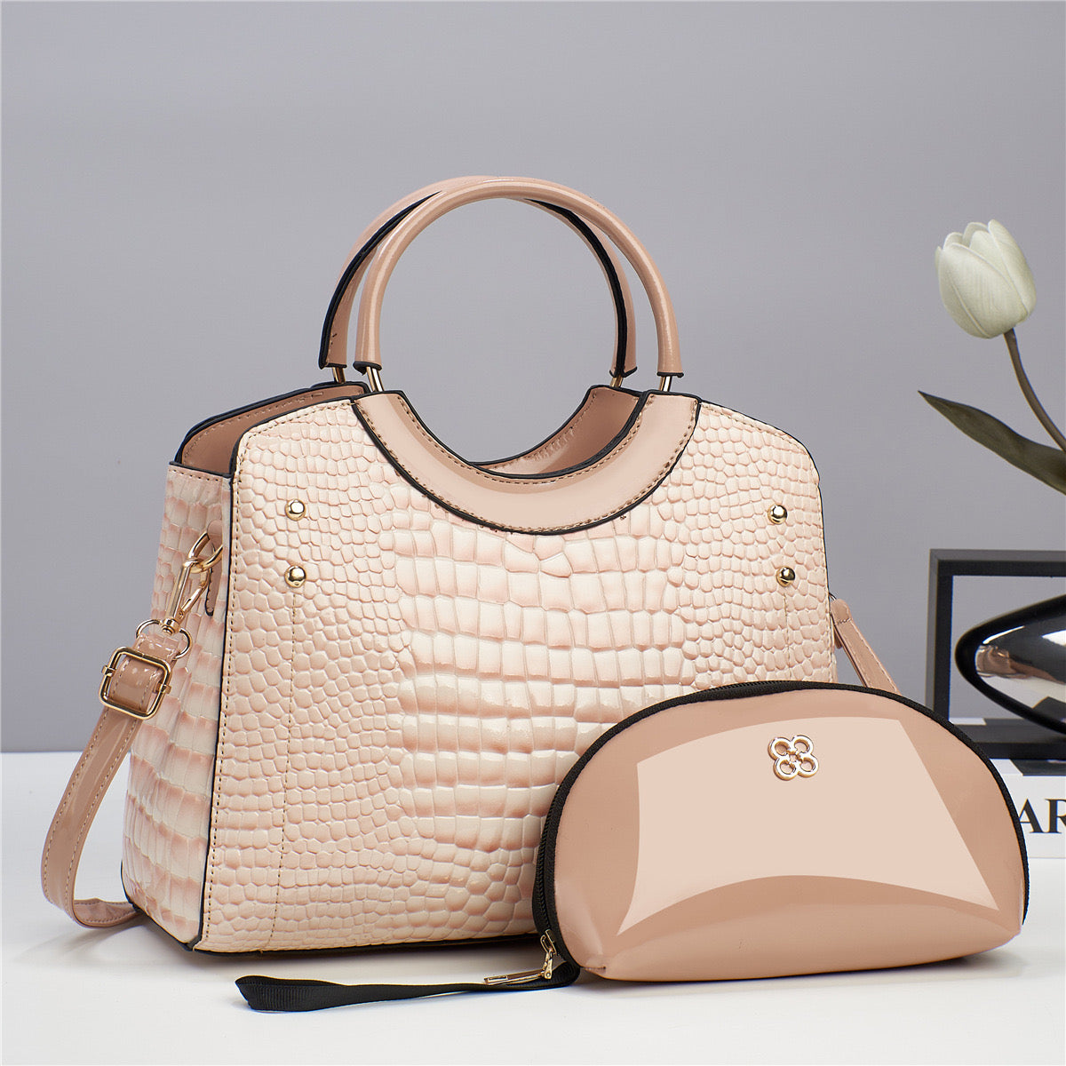 2 Piece Croc Embossed Handbag & Pouch Set - Tan